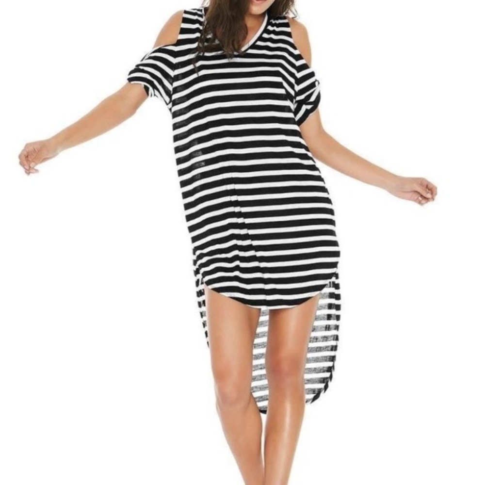 L*Space Domino Black/White Stripe Swim Cover-Up Dress